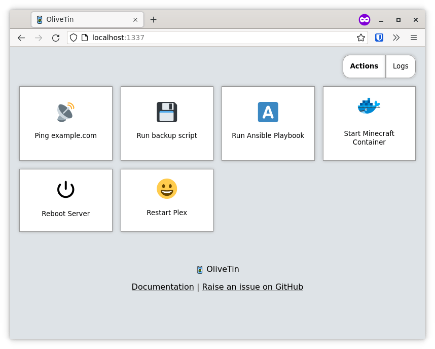 A screenshot of OliveTin on the desktop; it features several squares in a grid, with labels and actions for each command that can be run.